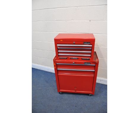 A HALFORDS STACKING MECHANICS TWO PIECE TOOL CHEST containing spanners, two partial socket sets and other automotive tools (L