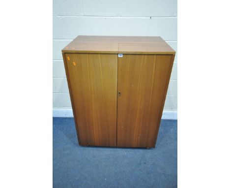A MAHOGANY NEWCRAFT LTD HOME OFFICE CABINET, two doors enclosing a slide with red leatherette writing surface, two drawers, a