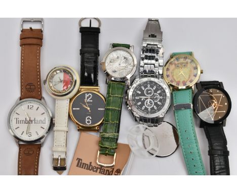 A BOX OF ASSORTED WRISTWATCHES, seven wrist watches, names to include Timberland, Orlando, Timex and Geneva, (condition repor