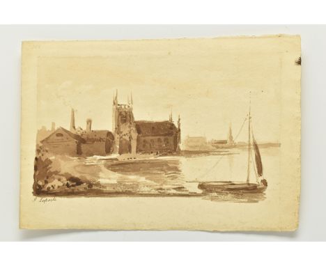 JOHN LAPORTE ( 1761-1839) A  LOOSE SKETCH DEPICTING A DINGHY WITH CHURCH BEYOND, signed bottom left, ink wash on paper, appro