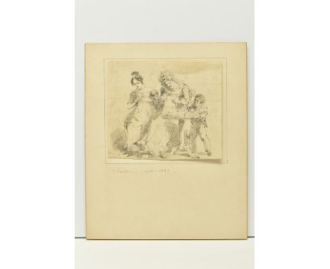 CIRCLE OF JOHN HARDEN (1772-1847) A SKETCH OF A FAMILY GROUP, a small boy stands beside two female figures attending to needl