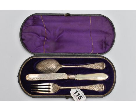 A VICTORIA I SILVER CHRISTENING SET, a silver knife fork and spoon, decorated with bright cut detail, knife fitted with a car