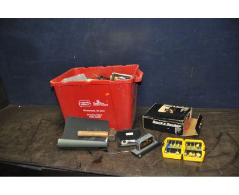 A PLASTIC BOX CONTAINING TOOLS AND HARDWARE including a vintage Black and Decker jigsaw (untested), a Moore and Wright No933 