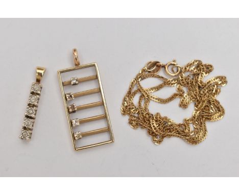 TWO DIAMOND PENDANTS AND A 9CT GOLD CHAIN, the first an abacus style pendant, set with five kinetic diamonds, hallmark rubbed
