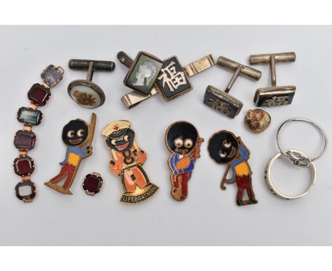 A BAG OF ASSORTED JEWELLERY, to include a part section of a yellow metal gem set bracelet, set with vary cut topaz, garnet, m