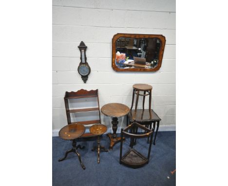 A SELECTION OF OCCASIONAL FURNITURE, to include a flame mahogany bevelled edge wall mirror, 87cm x 59cm, a mahogany nest of t