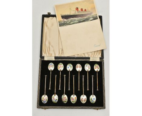 CUNARD INTEREST, A CASED SET OF TWELVE SILVER AND ENAMEL COFFEE SPOONS AND A SIGNED CUNARD QUEEN MARY CARD, the spoons bowls 