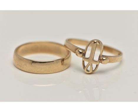 TWO 9CT GOLD RINGS, the first a polished band ring, approximate band width 4.3mm, hallmarked 9ct Birmingham, ring size L, the