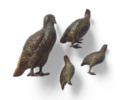 A large Austrian cold painted bronze figure of a partridge, 13cm high, together with three other Austrian cold painted bronze
