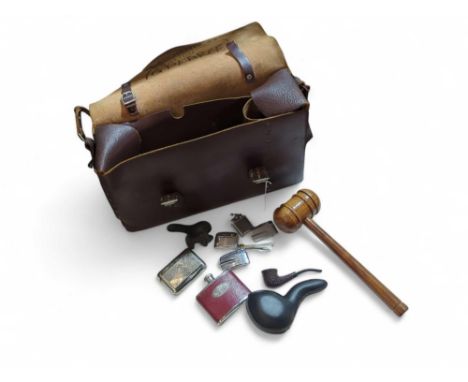 A vintage leather railway satchel/messenger bag, together with collection of smoking related items
