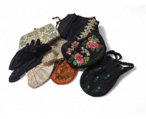 A mid 20th Century embroidered silk evening bag worked with pagoda and floral detail together with other vintage evening bags