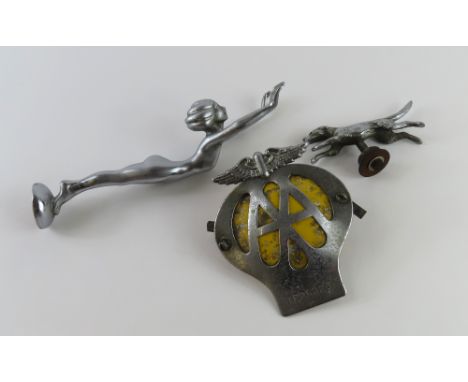 A small early 20th Century chrome plated car mascot in the form of a running hound, 5cm high 10cm, long together with a car A