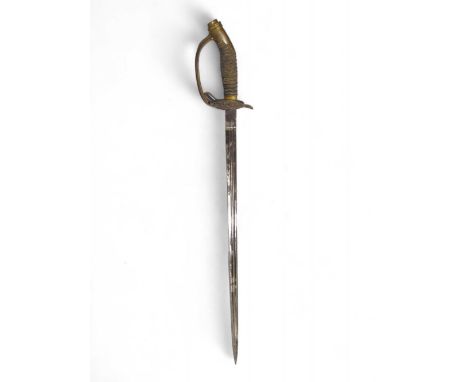 A 19th Century Continental sword having brass hilt with hinged guard, wire bound grip and straight blade in black painted met