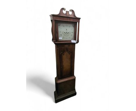 A 19th century mahogany cased grandfather clock upon plinth base with inlaid decoration and square columns supporting the hea