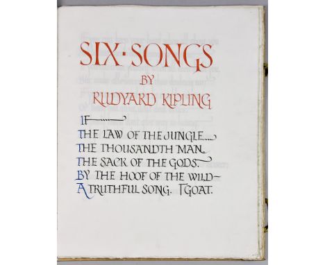 20th Century English School - Ink - Six Songs by Rudyard Kipling vellum manuscript – Calligraphed in neo-gothic font, includi
