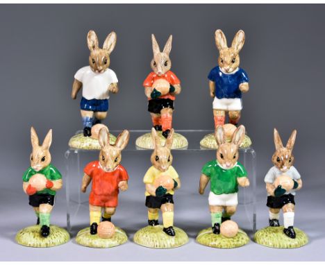 Eight Royal Doulton Bone China Bunnykins Footballer Figures,&nbsp;including; &lsquo;Goalkeeper Bunnykins&rsquo; (DB118), 4.35