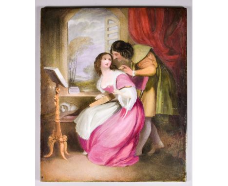An English Ceramic Plaque, Mid-19th Century, enamelled in colours with "The Music Lesson", a young woman playing a guitar whi