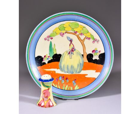Clarice Cliff (1899-1972) - One round plate enamelled with Idyll Crinoline Lady pattern, circa 1935, 9ins diameter, with Biza