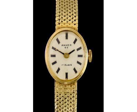 A 14ct Gold Manual Wind Cocktail Watch, by Anker, 14ct gold oval case, 15mm x 20mm, silver dial with silver baton numerals, i