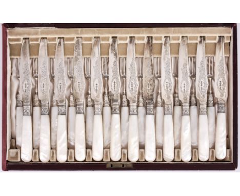 A Set of Twelve Silver and Mother-of-Pearl Handled Fruit Knives and Forks, by James Dixon &amp; Sons Ltd, Sheffield 1896, the