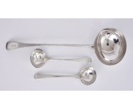 A George IV Silver Soup Ladle and a Pair of George III Silver Sauce Ladles, the soup ladle by William Chawner, London 1822, w