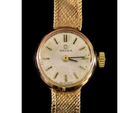A Lady's 9ct Gold Manual Wind Cocktail Watch, by Omega, 9ct gold case, 15mm diameter, silver dial with gold baton numerals, i