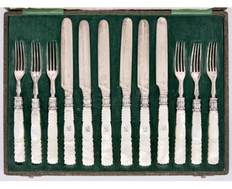 A Set of Six Silver and Mother-of-Pearl Handled Fruit Knives and Forks, probably by Aaron Hadfield, Sheffield 1840, with plai