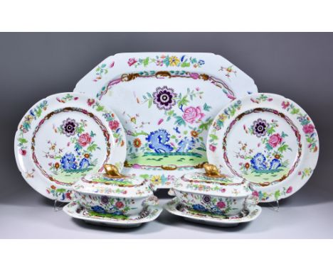A Part Spode Bone China Dinner Service, Early 19th Century, painted and printed with "Willis" pattern (Indian Tree), with bla