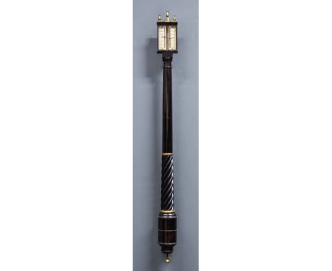 An Early 18th Century Ebonised Fruitwood and Brass Mounted Stick Barometer, unsigned, with two engraved silvered register sca