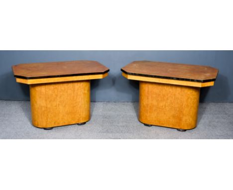 A Pair of Early 20th Century Walnut and Ebonised Octagonal Lamp Tables of Art Deco Design, on ovoid bases and turned feet, 36