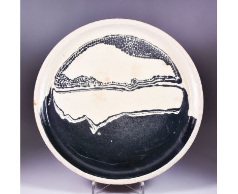 A Large 20th&nbsp;Century Studio Pottery Dish &ndash; with black and white Aboriginal-type patterning, 17.75ins diameter
