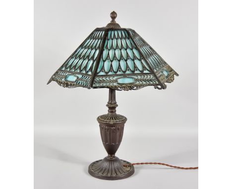
A Bronzed Metal Lamp with Hexagonal Shade in the Tiffany Manner,&nbsp;with tapered reeded stems and fluted body in classical