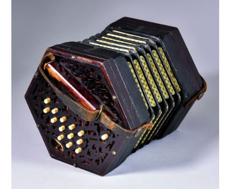 A 19th Century Rosewood Lachenal Concertina of Hexagonal Form, with fretwork borders, leather finger grips, twenty-seven bone