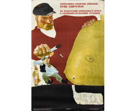 Aminadav Kanevsky (1898-1976) &ndash; Lithograph in colours &ndash; Poster &ndash; &ldquo;Collective Farmer Worker Be Alert! 