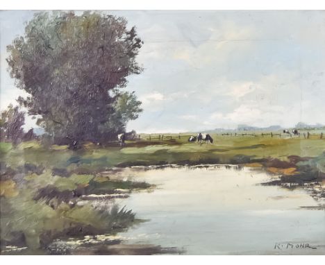 K Mohr (19th/20th Century) - Oil painting - Rural landscape with cattle and pond, signed, canvas, 12ins x 15.75ins, in gilt m