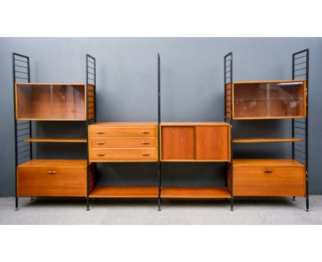 A Ladderax Black Metal Framed and Teak Shelf Unit, comprising - two glass display cabinets, two cupboards each enclosed by a 