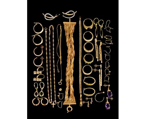 A Quantity of 9ct Gold, comprising - twelve pairs of earrings, for pierced ears, ten earring wires, for pierced ears, one hal