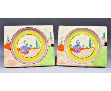 Clarice Cliff (1899-1972) - Two Biarritz rectangular tea plates enamelled in Applique Crinoline Lady pattern, circa 1933, eac