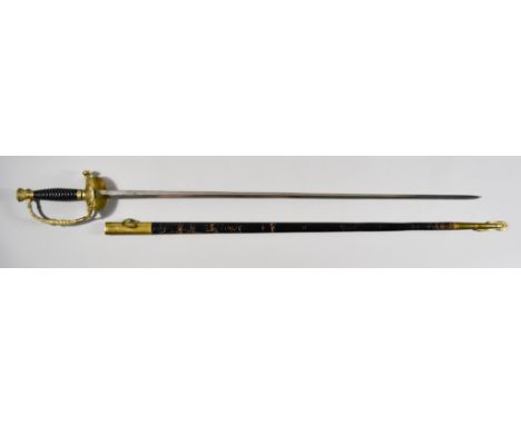 A French Naval Court Sword, by Debauge of Paris 1950, 31ins bright steel double edged blade, gilt metal hilt and D guard, wir