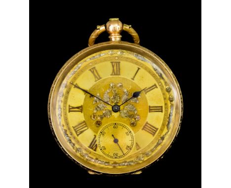 A 14ct Gold Cased Open Faced Pocket Watch, 48mm diameter, decorated with engine-turned scroll work to rear, gold coloured dia