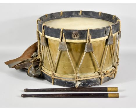 A Rope Tension&nbsp;Brass Side Drum, circa 18th Century,&nbsp;vellum skin, fitted with snare to underside, on plain leather p