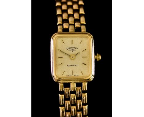 A Lady's 9ct Gold Quartz Movement Wristwatch&nbsp;by Rotary,&nbsp;square case, 15mm x 15mm, champagne dial with gold baton nu