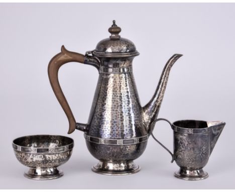 A George V Bachelor's Silver Three Piece Tea Service of Arts &amp; Crafts Design, by Albert Edward Jones, Birmingham 1919, th