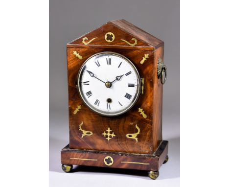 A 19th Century Mahogany Cased Mantel Timepiece, the 3.75ins diameter white enamel dial with Roman numerals to the chain and f