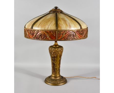 A Bronzed Metal Lamp with Glass Circular Lampshade, in the Tiffany Manner,&nbsp;&nbsp;floral petal motif running down stem to