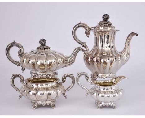 A Victorian Silver Four Piece Tea and Coffee Service, by A.B Savory & Sons, London 1856, of circular bulbous reeded and squat