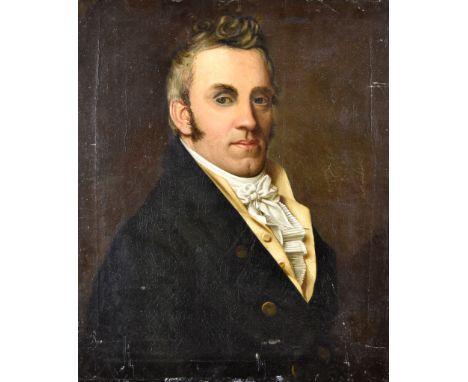 19th Century British School - Oil painting -&nbsp;Shoulder length portrait of a gentleman wearing yellow waistcoat and blue j