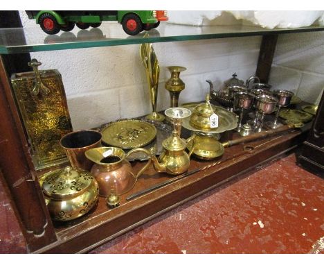 Shelf of metalware to include brass