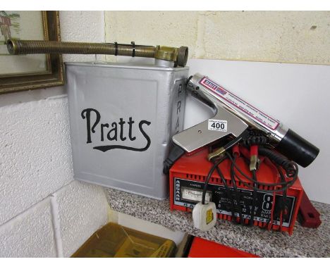 Vintage Pratts petrol can with battery charger &amp; advanced timing strobe light