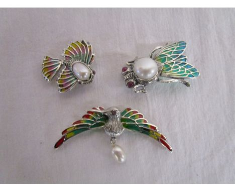 3 silver champlevé enamel &amp; stone set brooches